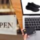 Customer shopping online and physical store open sign as part of brand experience